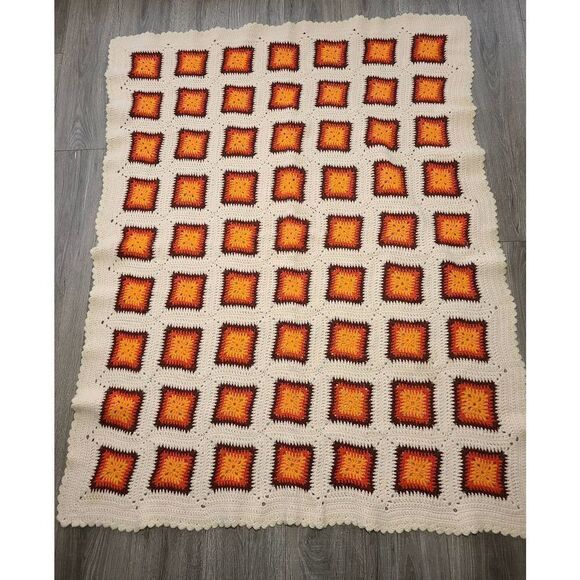 Afghan Blanket '70s 60x47 orange brown - Picture 1 of 2